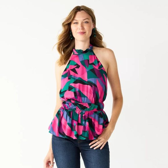 Nine West Tops - Nine West Sleeveless Pleated Peplum Halter Top | NWT | XS | Pink Multi Abstract